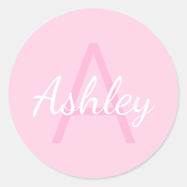 Cute Monogrammed Girl's Name | Pink & White Classic Round Sticker (Front)