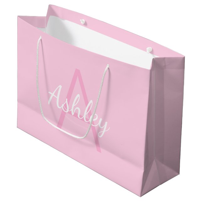 Cute Monogrammed Girl's Name | Soft Pink & White Large Gift Bag (Front Angled)