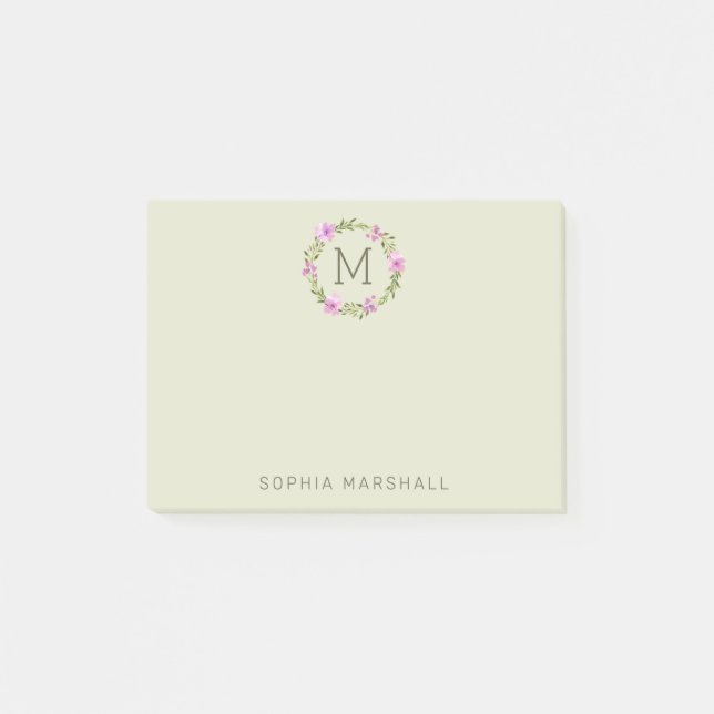 Cute Monogrammed Greenery Floral Wreath Post-it Notes (Front)