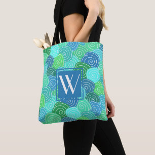 Cute Monogrammed Modern Blue Green Pattern Tote Bag