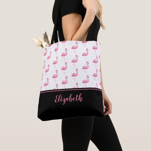 Cute Monogrammed Name Pink Flamingo Stylish Girly Tote Bag (Close Up)