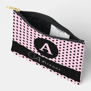 Cute Monogrammed Pink and Black Polka Dots Accessory Pouch