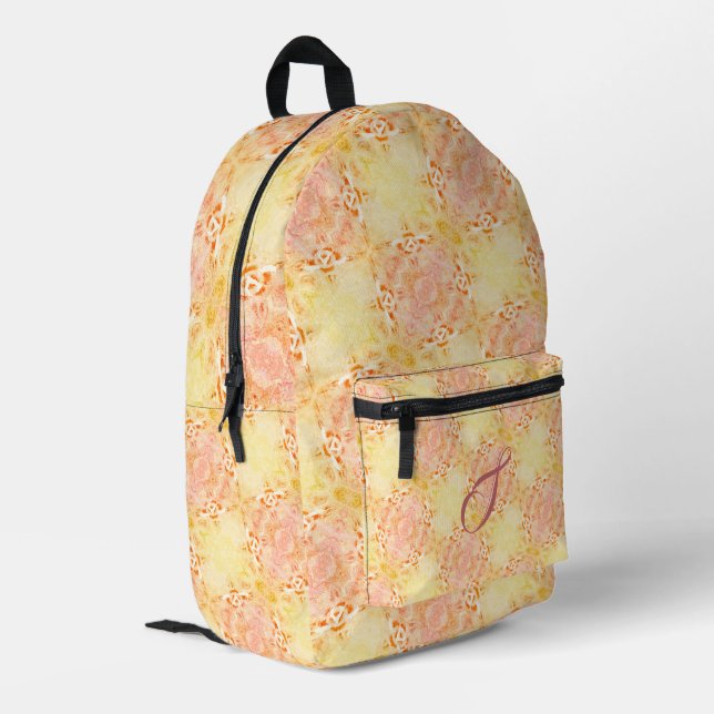 Cute Monogrammed Pink and Yellow Printed Backpack (Back Corner Left)