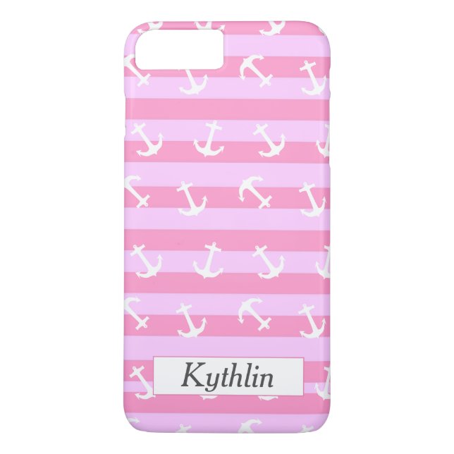 Cute Monogrammed Pink Stripes White Anchor Pattern Case-Mate iPhone Case (Back)