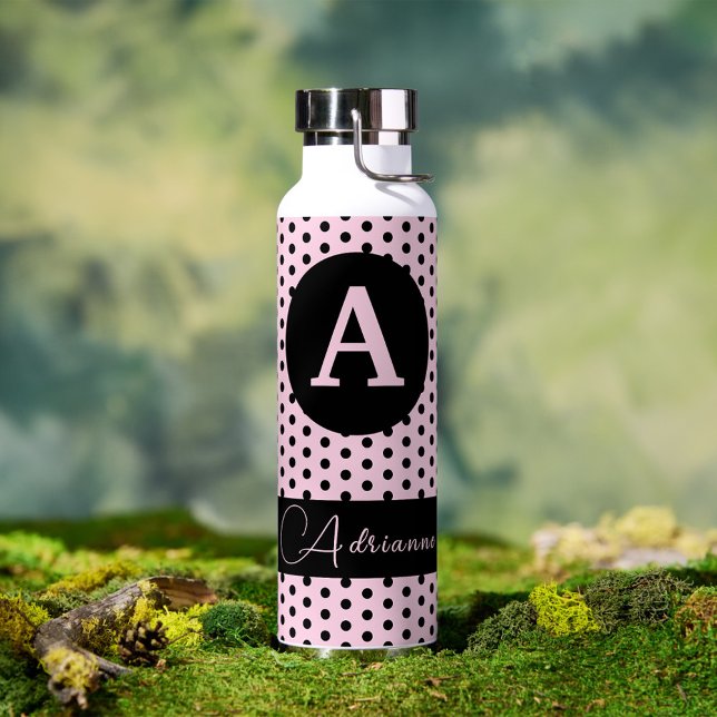 Cute Monogrammed Pink with Black Polka Dots Water Bottle (Creator Uploaded)