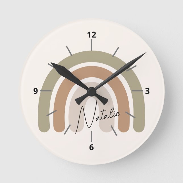 Cute monogrammed script pastel rainbow girly pink  round clock (Front)
