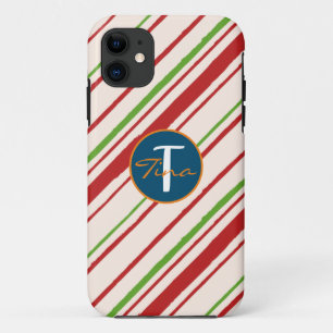 Cute monogrammed stripes red and green script      iPhone 11 case