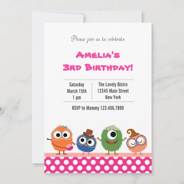 Cute Monster Birthday Party Invitation (Pink) (Front)