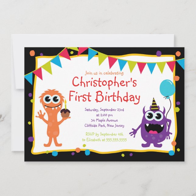 Cute Monster Birthday Party Invitations (Front)