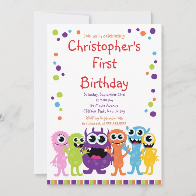 Cute Monster Birthday Party Invitations (Front)