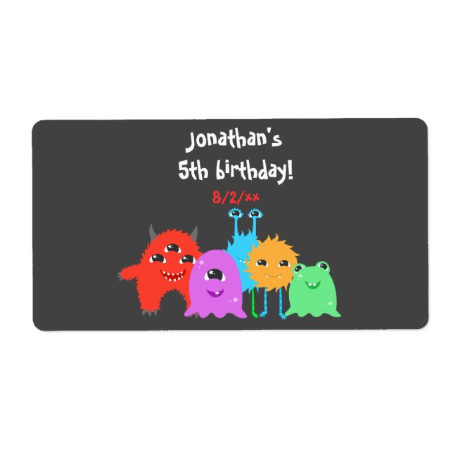 Cute Monster Birthday Water Bottle Labels (Front)