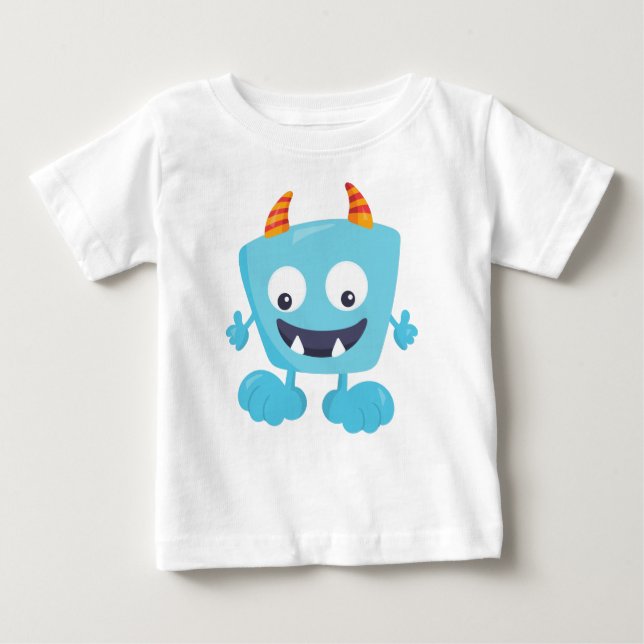 Cute Monster, Blue Monster, Funny Monster, Horns Baby T-Shirt (Front)