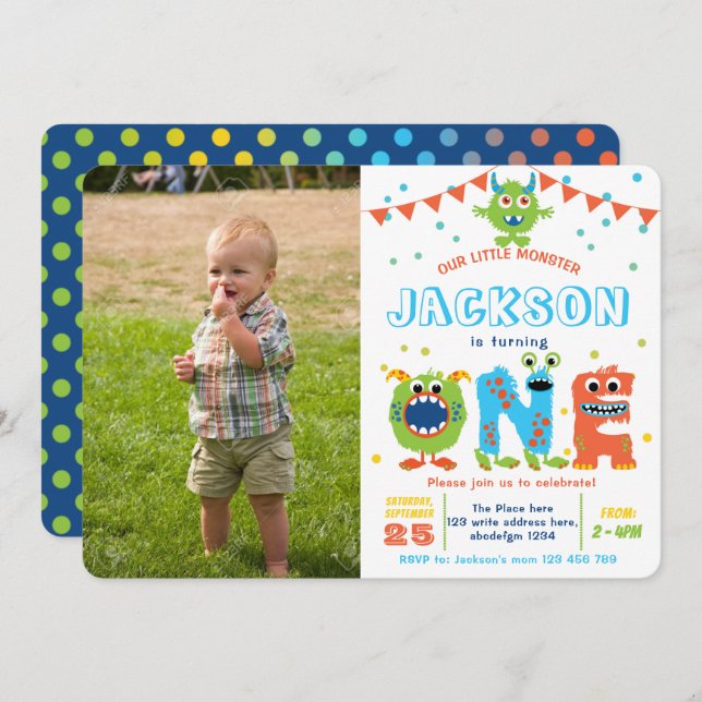 Cute Monster Boy 1st birthday photo Invitation (Front/Back)