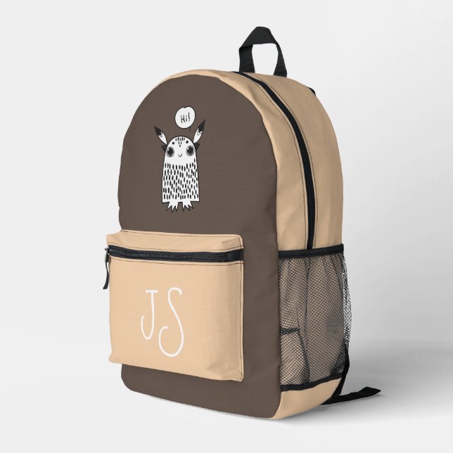 Cute monster chocolate brown monogram minimalist  printed backpack (Back Corner Right)