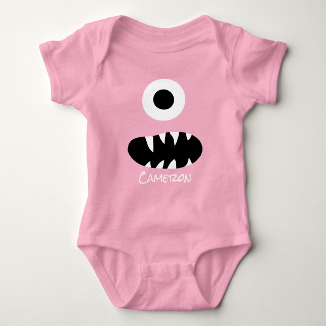 Cute Monster Face Silly Personalised Baby Red Baby Bodysuit (Front)