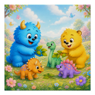 Cute Monster Friends Magical Dinosaur Garden Poster