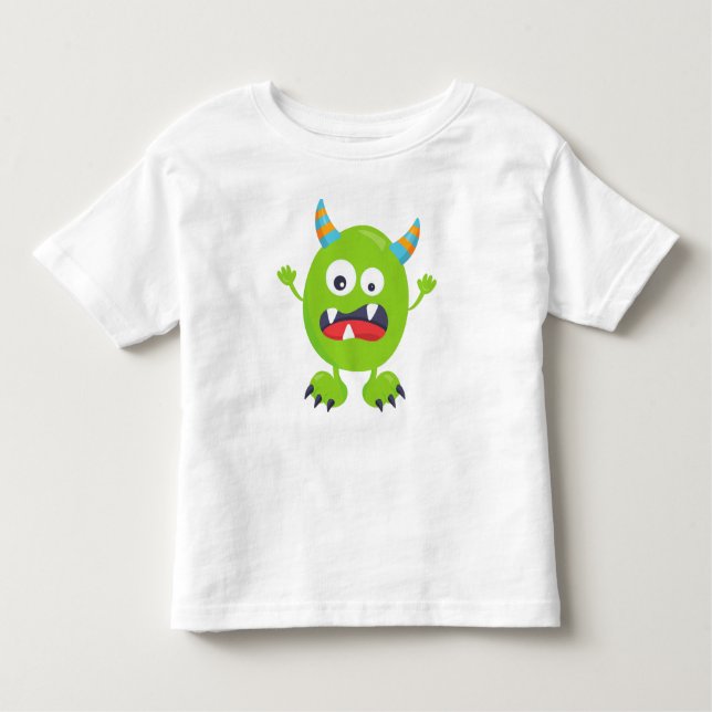 Cute Monster, Green Monster, Funny Monster, Horns Toddler T-Shirt (Front)