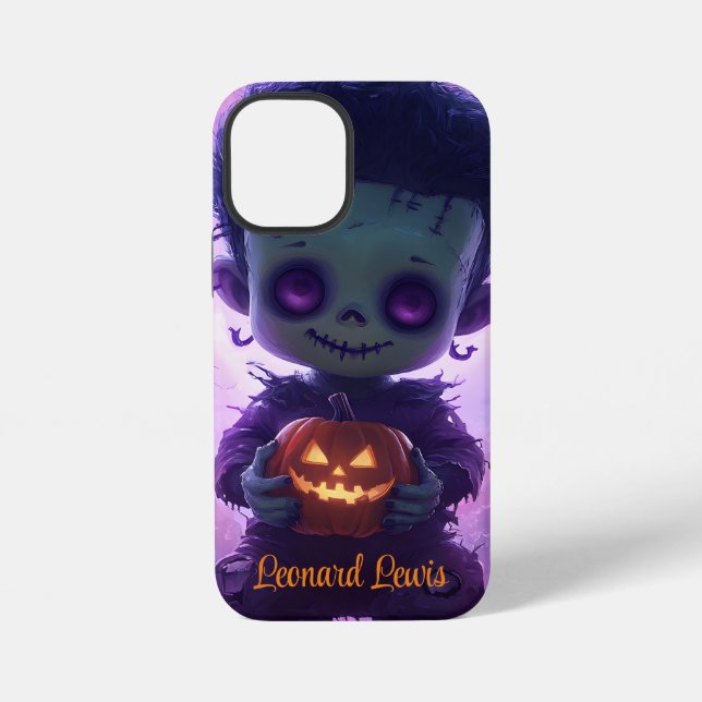 Cute Monster Holding Jack O Lantern Halloween iPhone Case (Back)