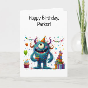 Cute Monster in Party Hat with Balloons and Gifts Card