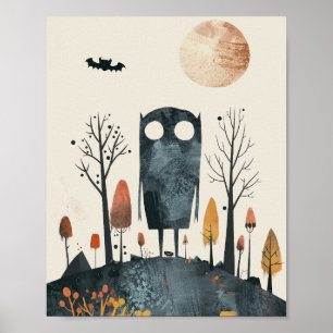 Cute Monster in Spooky Halloween Scenery Nursery Poster