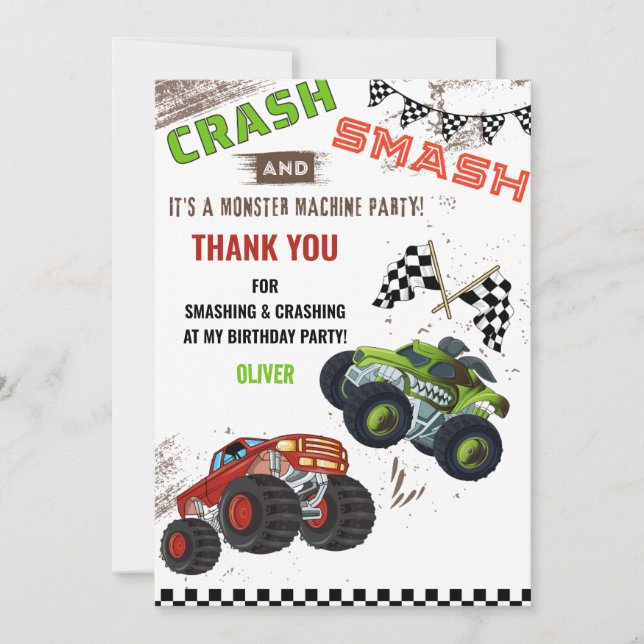 Cute Monster Machine Car Truck Kid Birthday Boy Thank You Card (Front)