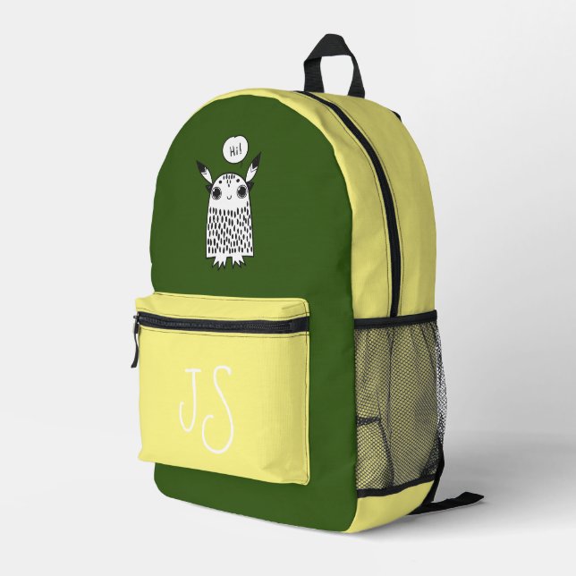 Cute monster olive yellow monogram minimalist  printed backpack (Back Corner Right)