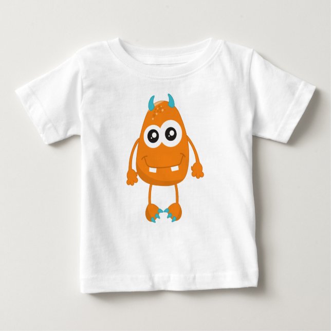 Cute Monster, Orange Monster, Funny Monster, Horns Baby T-Shirt (Front)