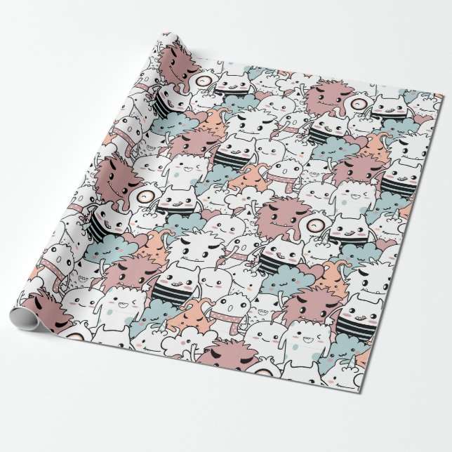 Cute Monster Pattern Wrapping Paper (Unrolled)