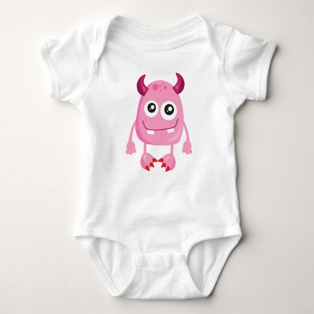 Cute Monster, Pink Monster, Funny Monster, Horns Baby Bodysuit (Front)