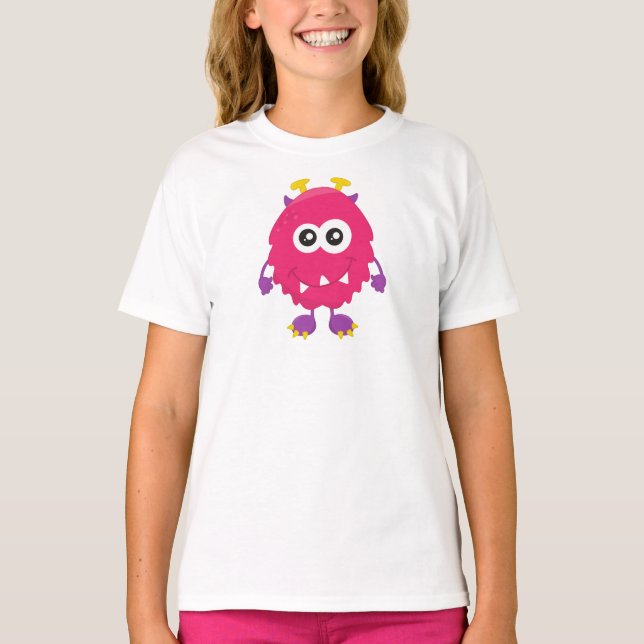Cute Monster, Pink Monster, Horns, Funny Monster T-Shirt (Front)