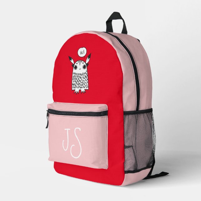 Cute monster red pink monogram minimalist  printed backpack (Back Corner Right)