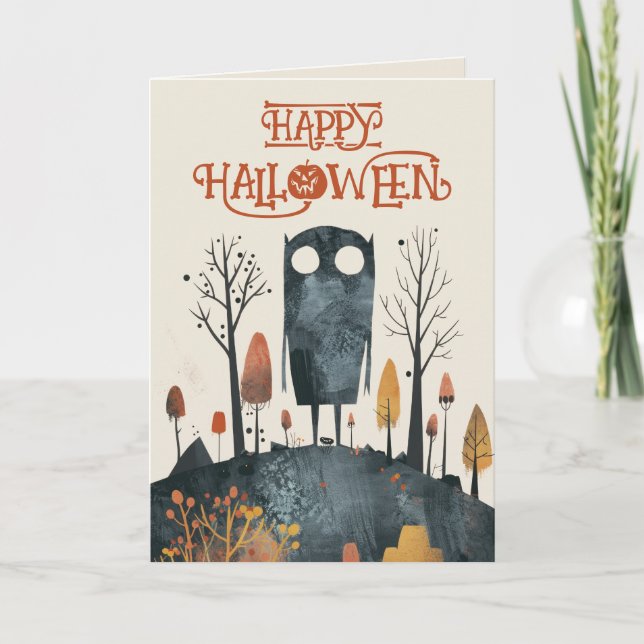 Cute Monster Spooky Fall Scenery Happy Halloween Card (Front)