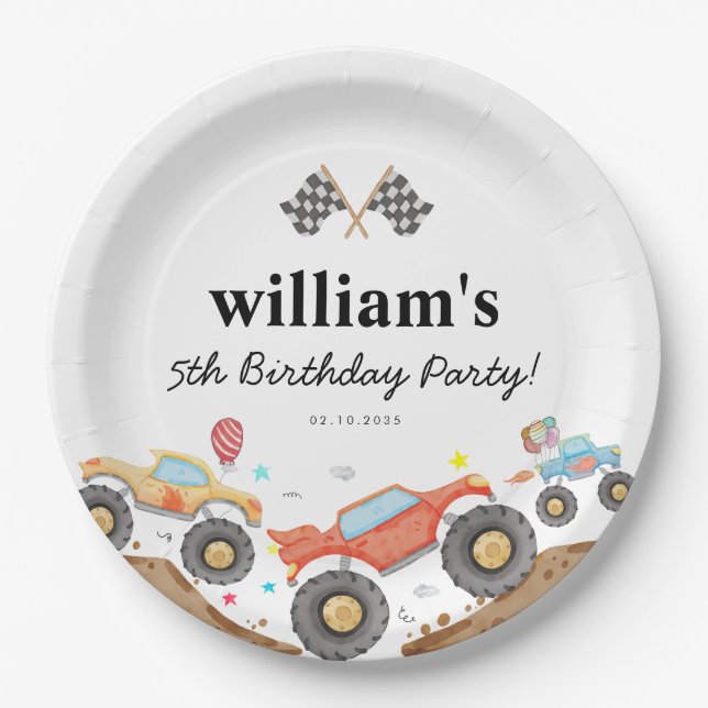 Cute Monster Truck Bash Car Race Flags Birthday Paper Plate (Front)
