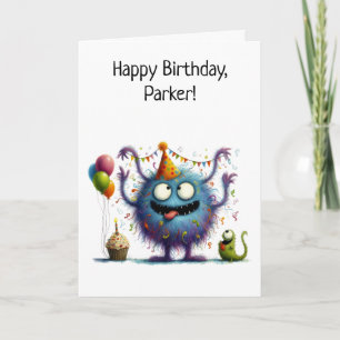 Cute Monster with Balloons and Cupcake Birthday Card