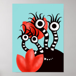 Cute Monster With Four Eyes Abstract Tulips Poster