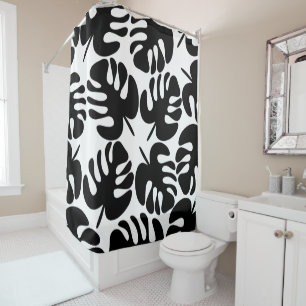 Cute Monstera Leaf Cutouts in Black and White Shower Curtain