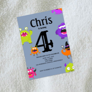 Cute Monsters 4th Birthday Invitation