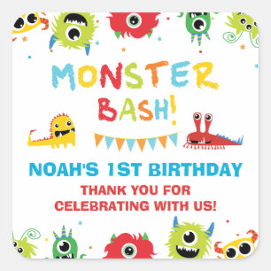 Cute Monsters Boy 1st Birthday Thank You Favor Square Sticker