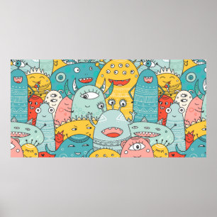 cute monsters crowd seamless pattern in boho style poster