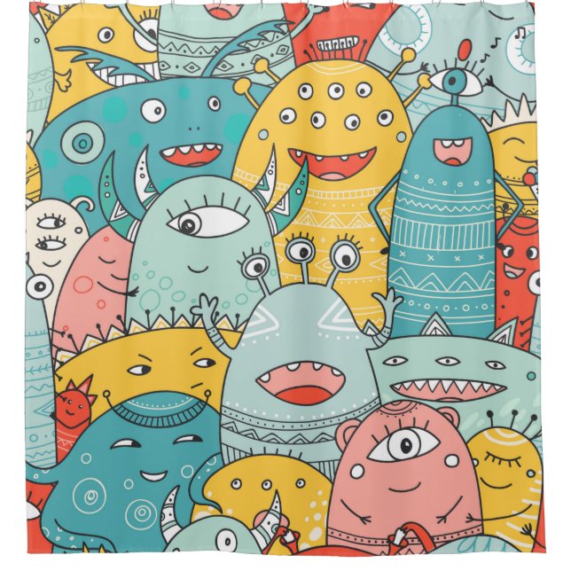 cute monsters crowd seamless pattern in boho style shower curtain (Front)