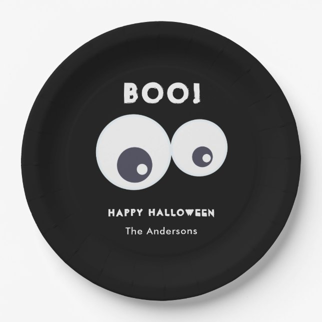 Cute Monsters Eyeballs Happy Halloween Black White Paper Plate (Front)