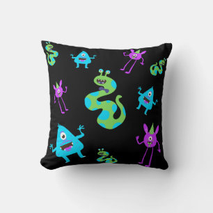 Cute Monsters Green Teal Blue Purple on Black Cushion