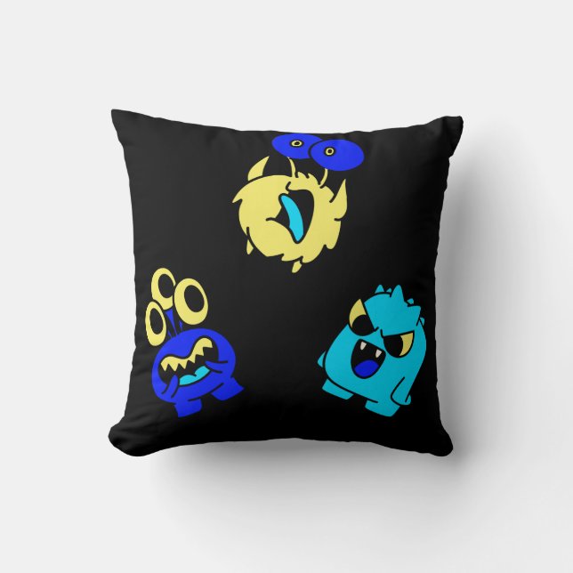 Cute Monsters Green Teal Blue Yellow on Black Cushion (Front)