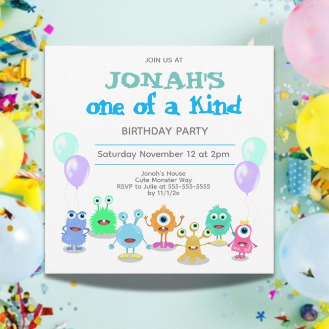 Cute Monsters One Of A Kind Birthday Invitation (Cute Little Monsters Photo Birthday Party Invitation)