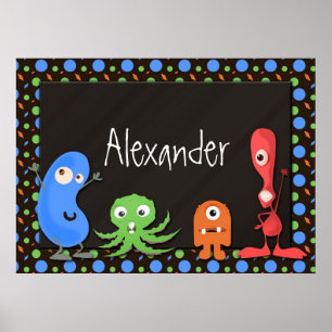 Cute Monsters with Dark Brown Background Poster