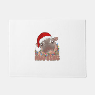 Cute Moo Deng Baby Hippo Christmas Lights Santa Ha Doormat