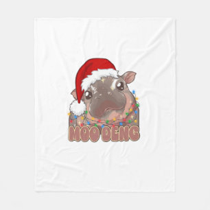 Cute Moo Deng Baby Hippo Christmas Lights Santa Ha Fleece Blanket