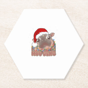 Cute Moo Deng Baby Hippo Christmas Lights Santa Ha Paper Coaster