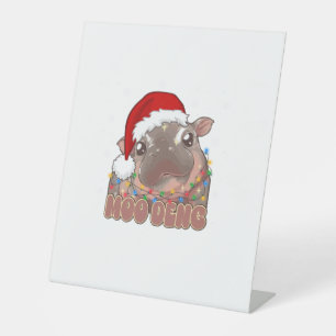 Cute Moo Deng Baby Hippo Christmas Lights Santa Ha Pedestal Sign