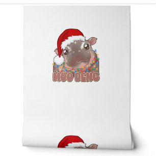 Cute Moo Deng Baby Hippo Christmas Lights Santa Ha Wallpaper